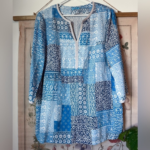 J McLaughlin 3/4 Sleeve Patchwork Paisley Tunic Top Cover Up Beach Blue Large - Picture 1 of 12
